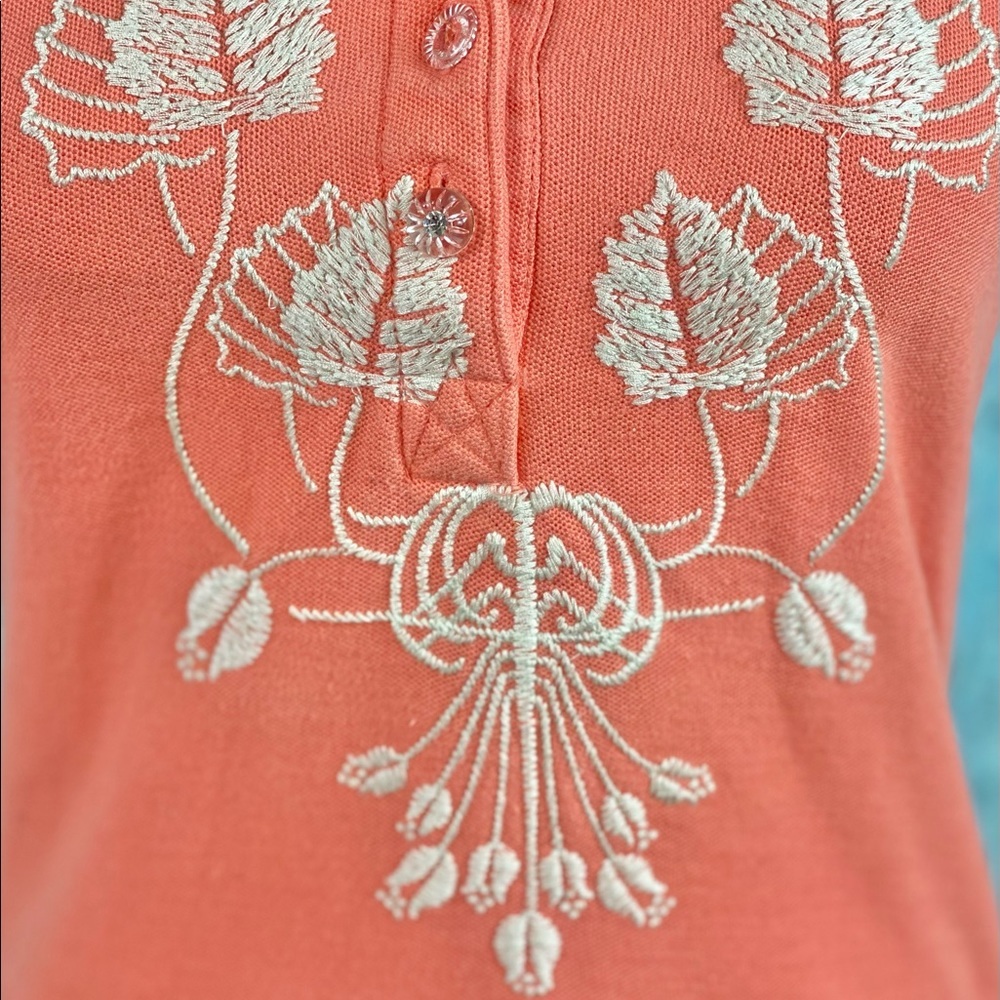 Johnny Was Coral Embroidered Cotton Polo Top - Picture 8 of 14